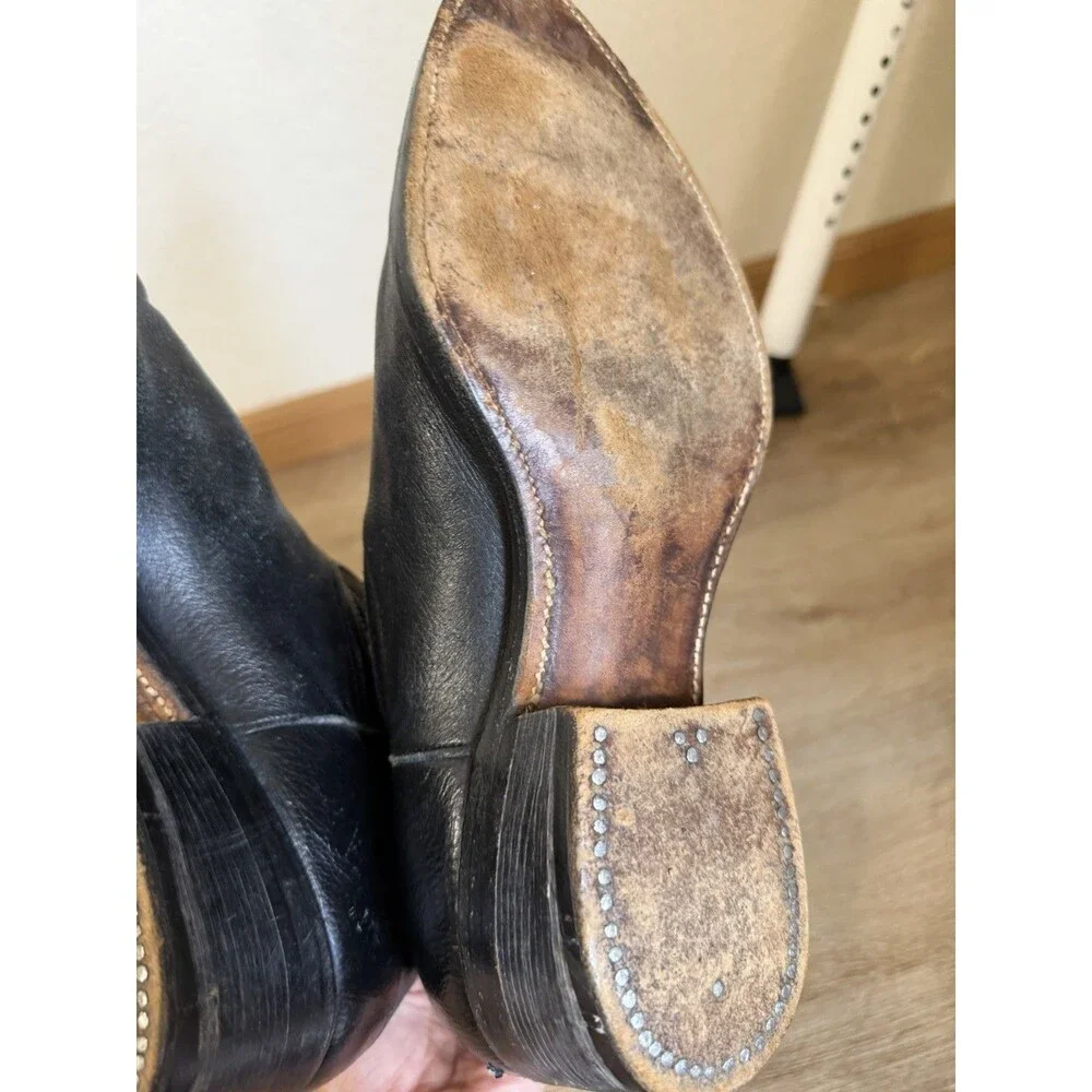 Men’s Black Leather Cowboy Boots Almond Toe Western Embroidered Boots -No Size
